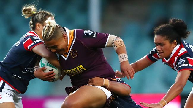 Ngatokotoru Arakua tackled during round two of the 2018 NRLW.