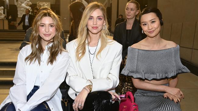 Eve Jobs with Italian influencer Chiara Ferragni and Chinese American actress Fala Chen at the Louis Vuitton show. Picture: Pascal Le Segretain/Getty Images