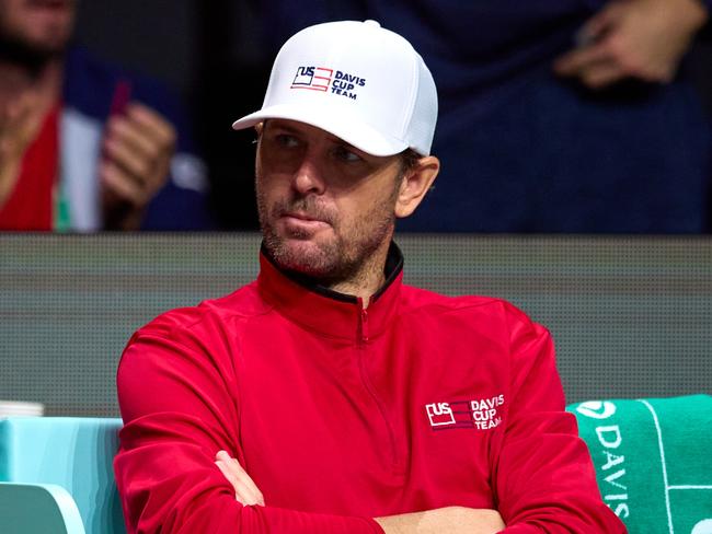 MALAGA, SPAIN - NOVEMBER 24: Mardy Fish, captain of USA looks on during the Davis Cup by Rakuten Finals 2022 quarter-finals match between Italy and United States at Palacio de los Deportes Jose Maria Martin Carpena on November 24, 2022 in Malaga, Spain. (Photo by Fran Santiago/Getty Images)