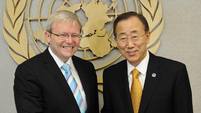 UN Secretary General Ban Ki-Moon meets with Australian Foreign Minister Kevin Rudd at the UN headquarters in New York. Picture: Getty