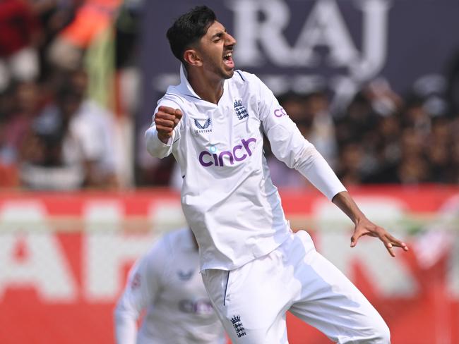 England bowler Shoaib Bashir celebrates his first test wicket, that of Rohit Sharma during da Test agaist India in February, 2024. Picture: Getty Images