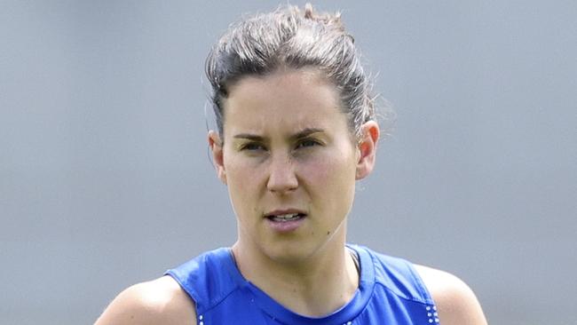 MELBOURNE, AUSTRALIA - OCTOBER 20: Libby Birch of the Kangaroos warms up during the round eight AFLW match between Essendon Bombers and North Melbourne Kangaroos at Windy Hill, on October 20, 2024, in Melbourne, Australia. (Photo by Martin Keep/AFL Photos/via Getty Images)