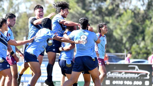 Mabel Park players celebrate a try Mabel Park v Keebra Park in the Walters Cup. Thursday August 18, 2022. Picture, John Gass