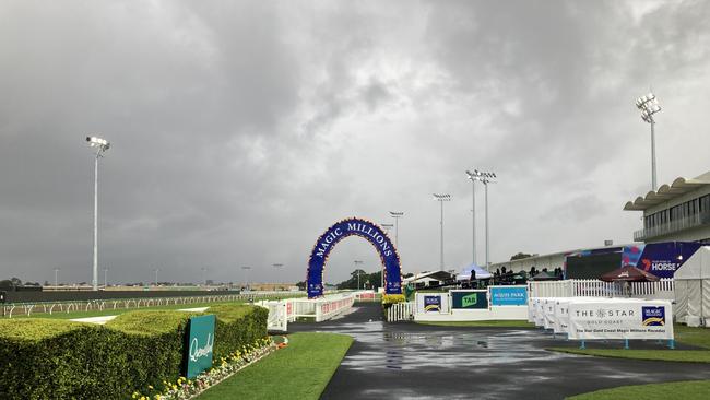 The grey skies hovering over the Gold Coast track on Saturday