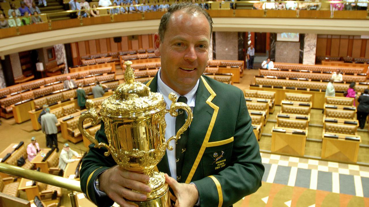 Springboks coach Jake White with the Webb Ellis Trophy at Parliament House.