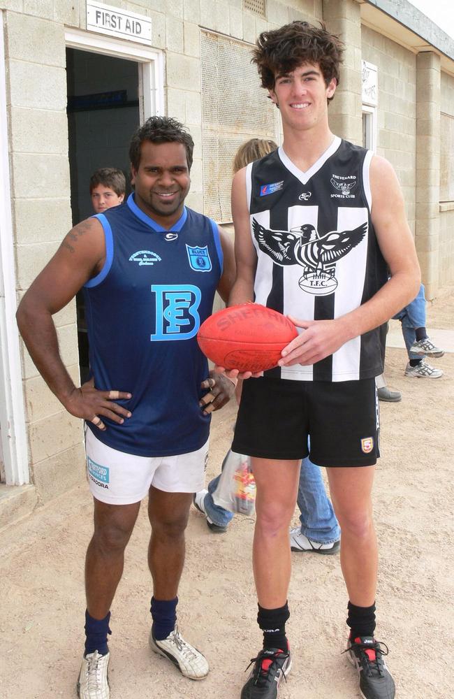 Byron Pickett and Scott Lycett at the Far West Football League preliminary final at Thevenard in 2008.