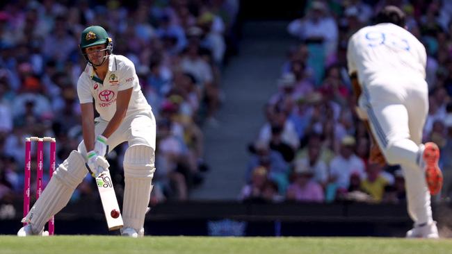 Sam Konstas hits a boundary off Jasprit Bumrah at the SCG. Picture: AFP