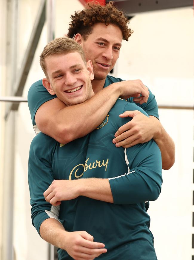 Mark Nawaqanitawase with Max Jorgensen. Nawaqanitawase has already defected from rugby union and signed with the Roosters.