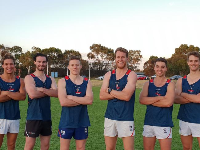 Coburg Football Club leadership group for 2019 — Sam Lowson, Luke Bunker, Ryan Exon, Peter McEvoy, Jesse Corigliano and Mitch Podhajski. 