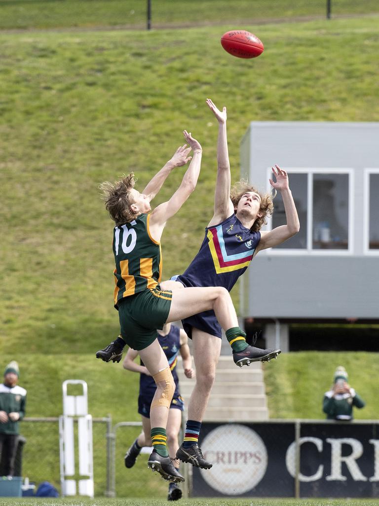 Guilford Young College’s Ryan Hapka, right, and St Patrick’s College’s Connor Leeflang contest for the ball. Picture: Chris Kidd