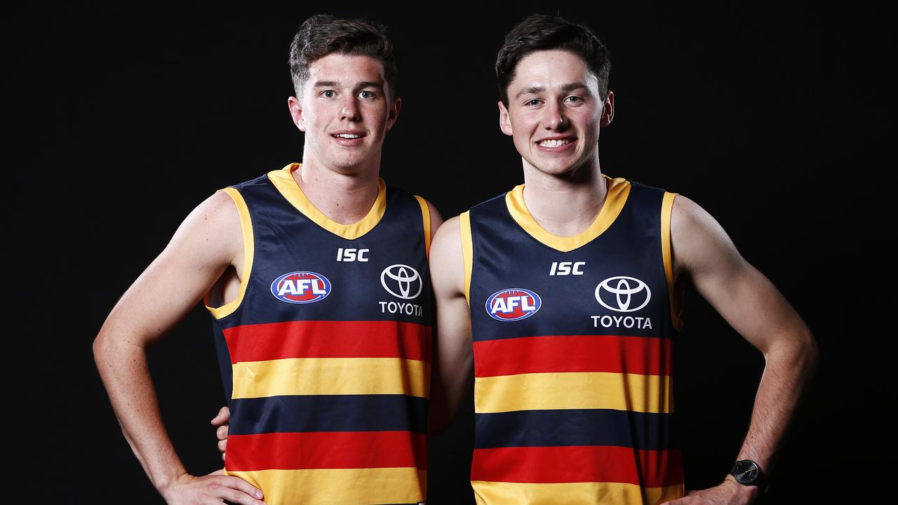 Adelaide’s number 16 draft pick Ned McHenry, left, and number 9 draft pick Chayce Jones. Picture: AAP Image/Daniel Pockett