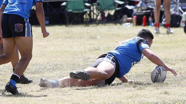 Tye Hau from Maori scores a try. Under 16 Boys Maori Ma v Tonga. Harmony Nines Rugby League. Picture: John Appleyard