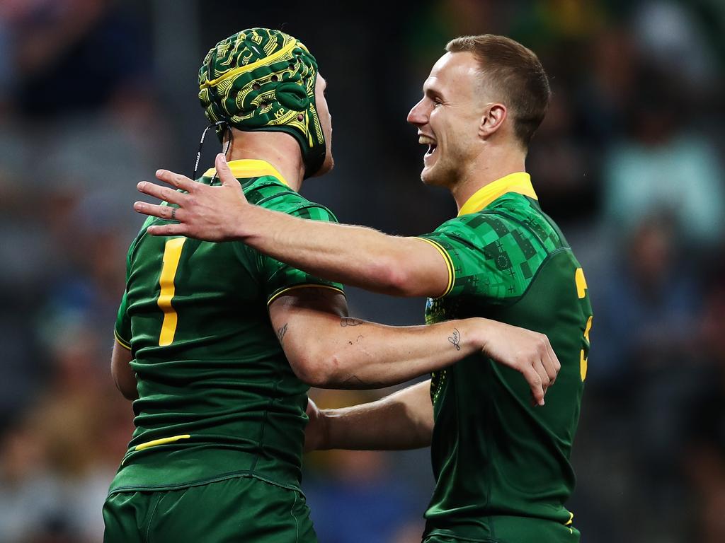 (L-R) Kalyn Ponga and Daly Cherry-Evans were teammates in the Rugby League World Cup 9's. Picture: AAP Image/Brendon Thorne