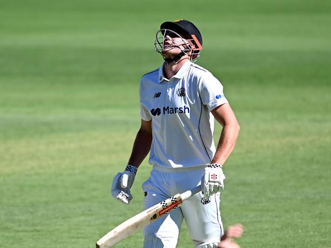 Cameron Green looks dejected after losing his wicket for 96. Picture: Bradley Kanaris/Getty Images