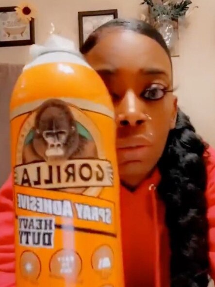 She used a spray version of Gorilla Glue, a strong adhesive sold in Bunnings in Australia. Picture: TikTok