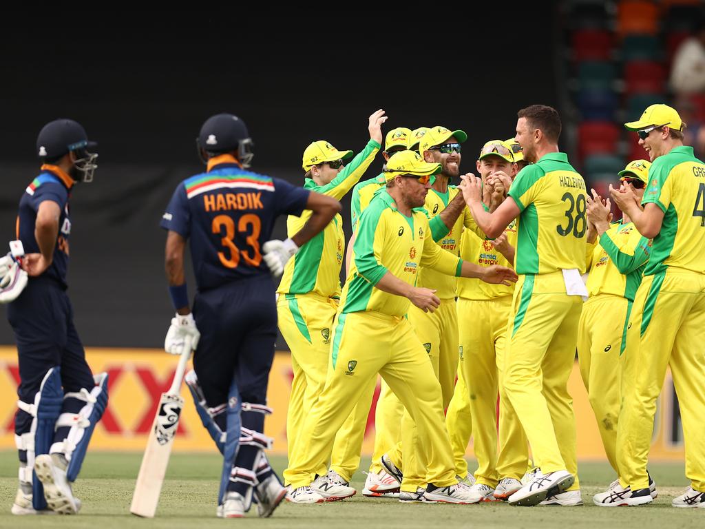 Josh Hazlewood of Australia celebrates the wicket of Virat Kohli.