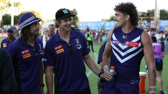 PERTH, AUSTRALIA - MARCH 02: Nat Fyfe of the Dockers talks with Luke Jackson following the 2025 AAMI AFL Community Series match between the Fremantle Dockers and Melbourne Demons at Rushton Park on March 02, 2025 in Mandurah, Australia. (Photo by Paul Kane/Getty Images)