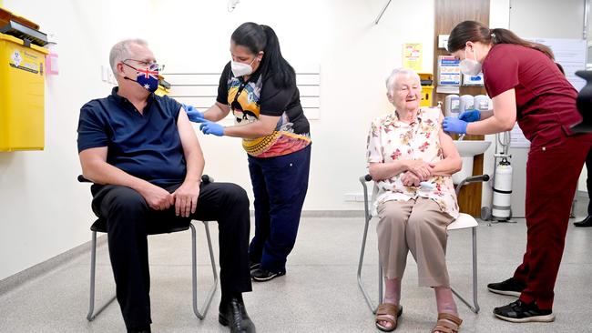 Prime Minister Scott Morrison and Jane Malysiak receive their Covid-19 booster shots. Picture: NCA NewsWire / Jeremy Piper