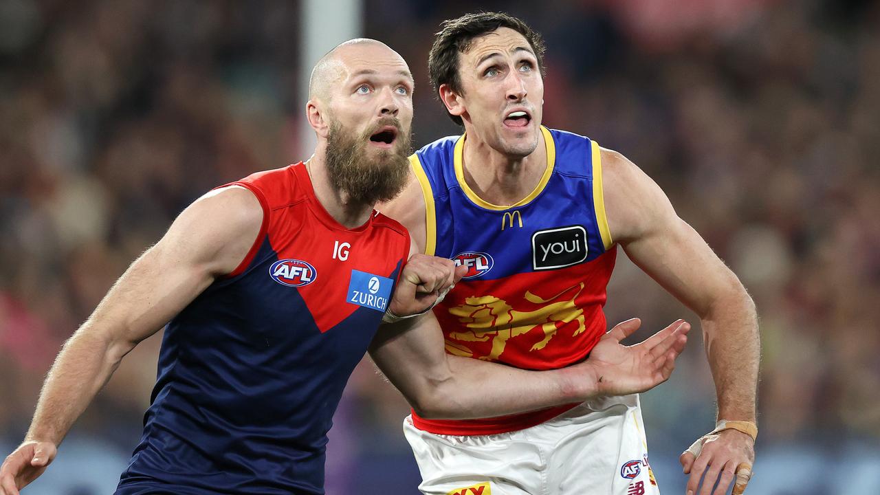 Max Gawn of the Demons and Oscar McInerney of the Brisbane Lions in action. Picture: Mark Stewart
