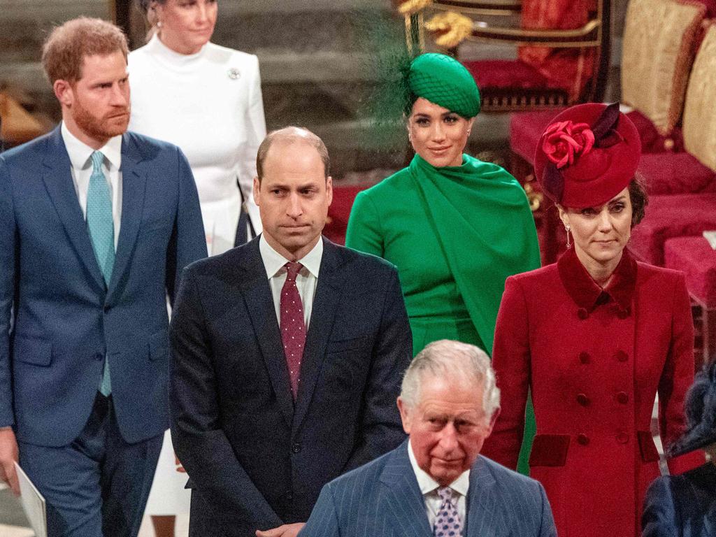 The royal family at their final public appearance in March before Harry and Meghan stepped down as senior royals. Picture: Phil Harris/AFP