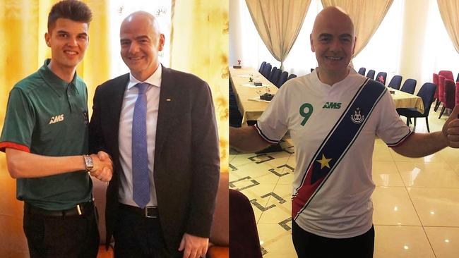 Luke Westcott with FIFA President Gianni Infantino and the FIFA boss in a South Sudan jersey.