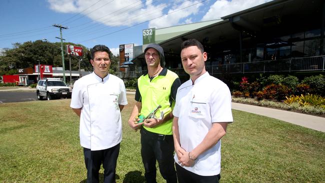 WholeLife Pharmacy and Healthfoods pharmacist Jason Christopher, Barr St Markets maintenance and gardener Marcus Smith and Barr St Markets owner Vince Pappalardo outside the Markets where anti-social behaviour from chroming is happening daily. They are demanding action on kids chroming in the area. PICTURE: STEWART MCLEAN