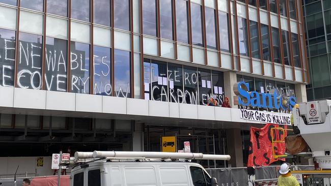 Slogans graffitied on the Santos building. Picture: Patrick James