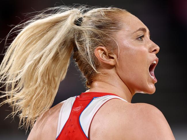 SYDNEY, AUSTRALIA - MAY 04: Helen Housby of the Swifts reacts after scoring a goal during the round four Super Netball match between NSW Swifts and Queensland Firebirds at Ken Rosewall Arena on May 04, 2025 in Sydney, Australia. (Photo by Jason McCawley/Getty Images)