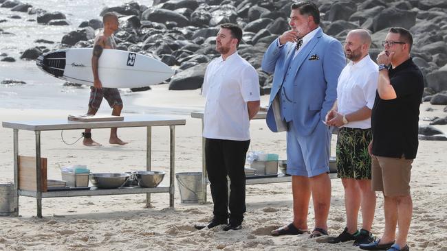 MasterChef would not disclose what the shoot was for however contestants were seen cooking at a makeshift kitchen on the beach. Picture Glenn Hampson