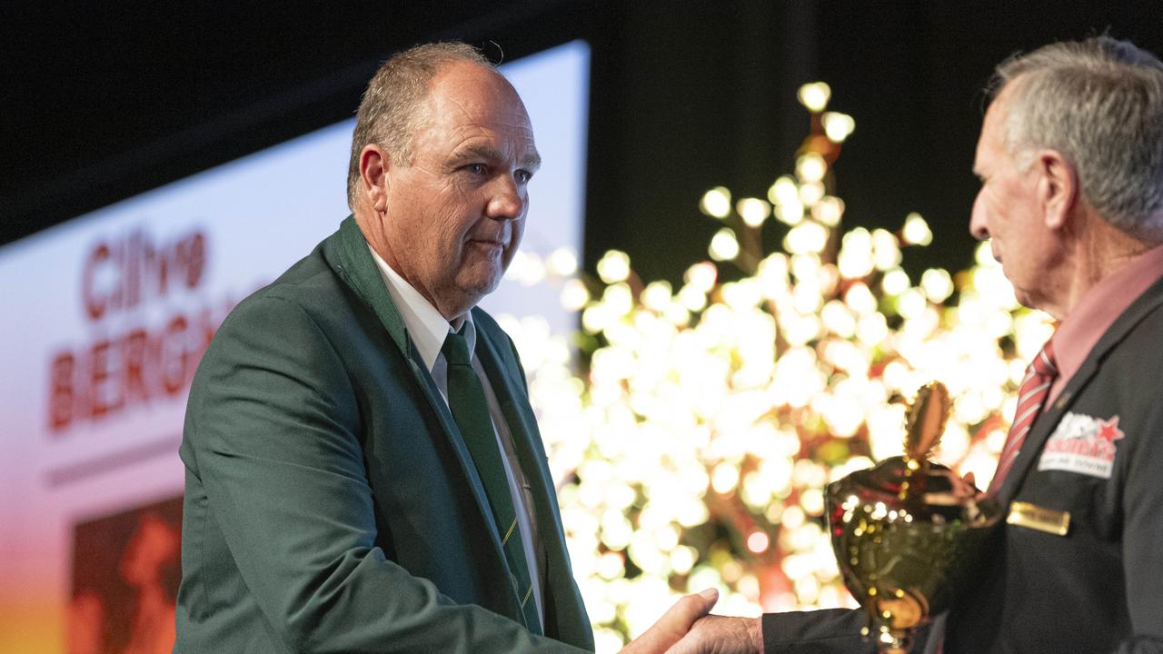 Sports Darling Downs Senior Sports Star of the Year runner-up Ashley Bidgood accepts the award from Mick Smith. Picture: Kevin Farmer