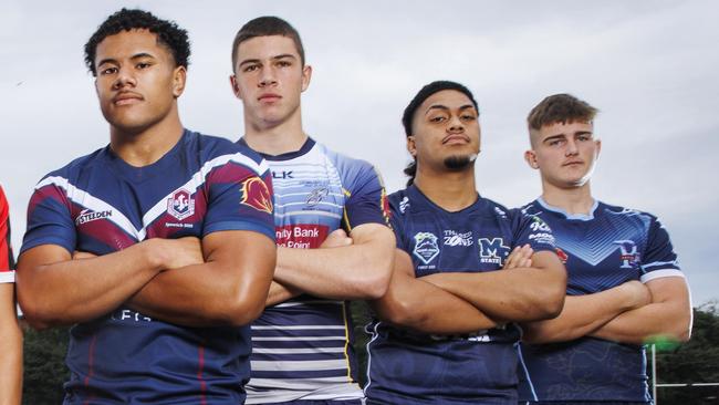 Langer Trophy captains Josiah Pahulu (Ipswich SHS), Lewis Symonds (Coombabah SHS), Kena Finau (Mabel Park SHS), and Jack Cameron (Redcliffe SHS) pictured at Red Hill. Picture Lachie Millard