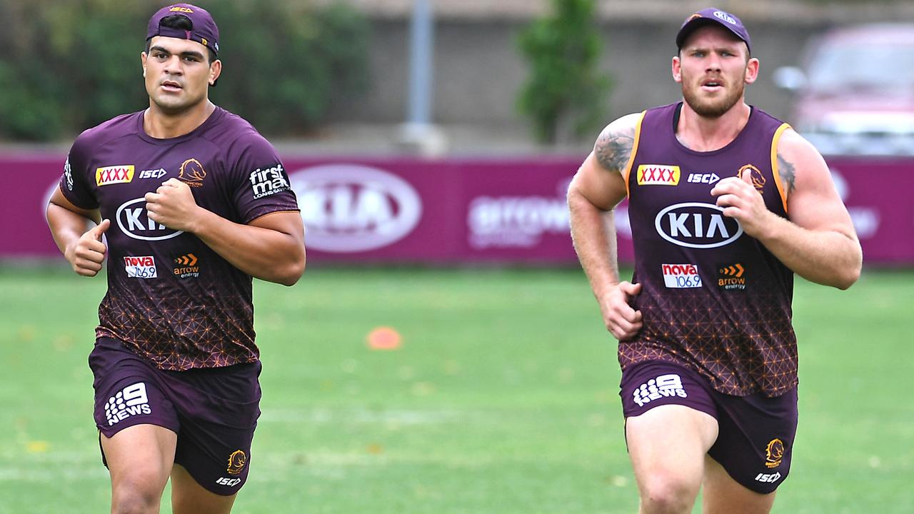 David Fifita and Matthew Lodge at training.