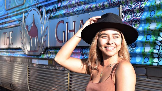 The Bachelor star Brooke Blurton is among five social media influencers to hop aboard the Ghan from Darwin to Alice Springs to attend the Parrtjima Festival. Picture: Natasha Emeck