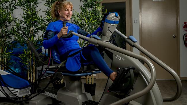 Linda McClure using the Vasper, a space age fitness machine which brings in 21 minutes the benefits of a 2 hr workout. Picture: Jerad Williams