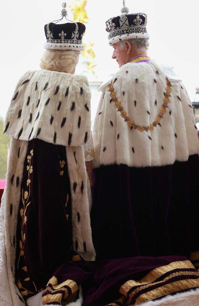 King Charles III and Queen Camilla watch the flypast from the balcony of Buckingham Palace after their Coronation. Picture: Handout/Chris Jackson/Getty Images for Buckingham Palace