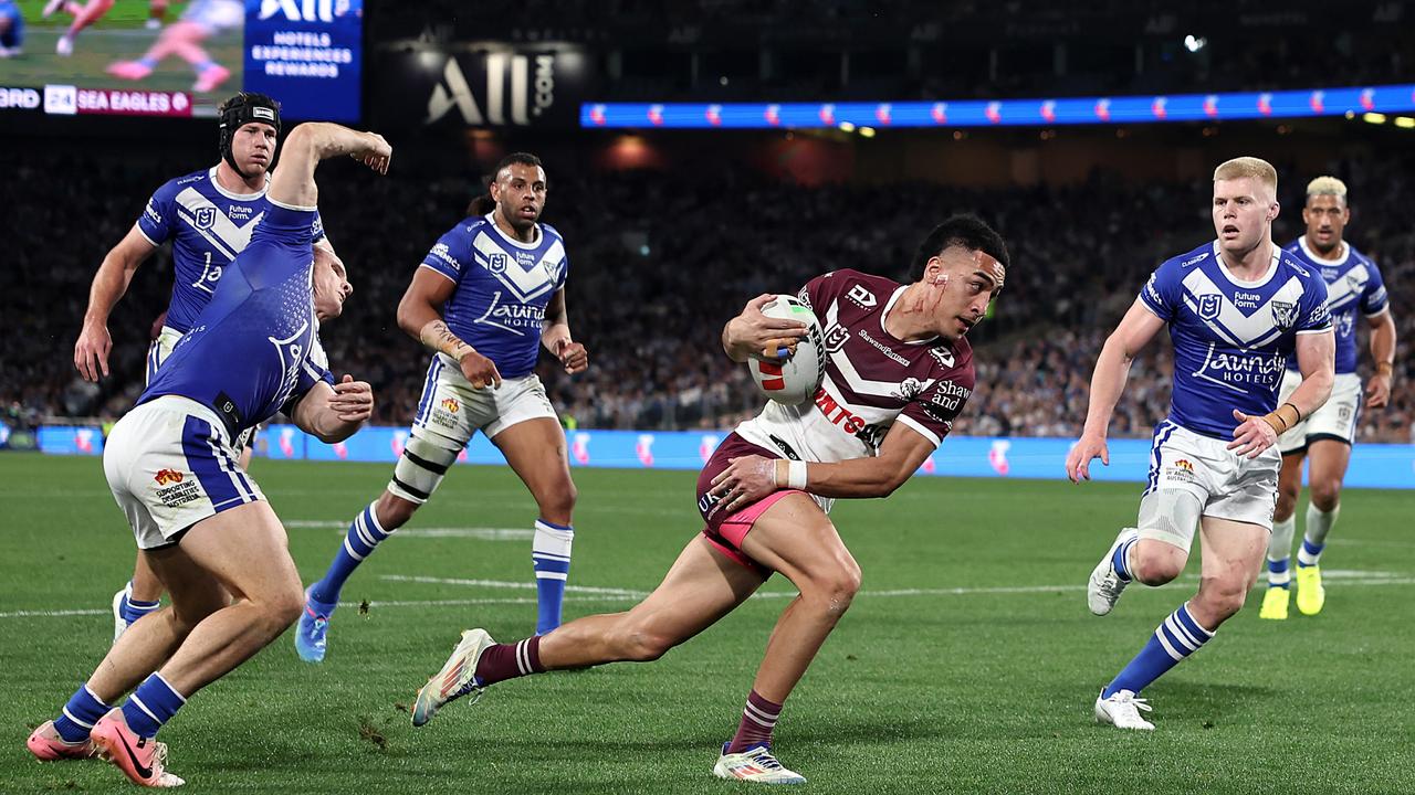 Lehi Hopoate continued his terrific try-scoring record against the Bulldogs. Picture: Cameron Spencer/Getty Images