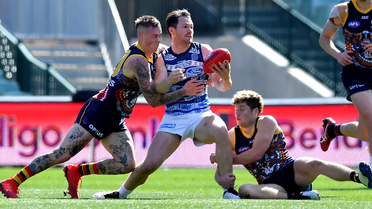 Patrick Dangerfield’s Cats escaped with a win over Adelaide. Picture: Mark Brake