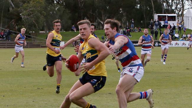 Nick Hayes spins out of trouble for the Eagles. Picture: AAP/Emma Brasier