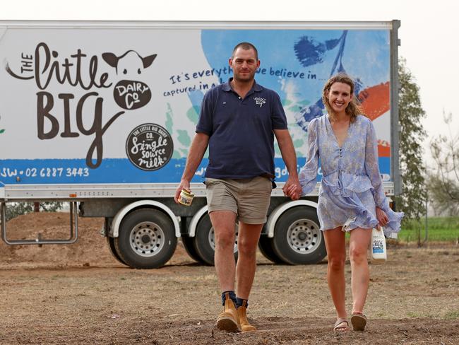 Jim and Emma Elliott of the The Little Big Dairy Co. in Dubbo. They produce single source and fair trade milk products next door to Emma’s parents’ dairy farm. Picture: Toby Zerna