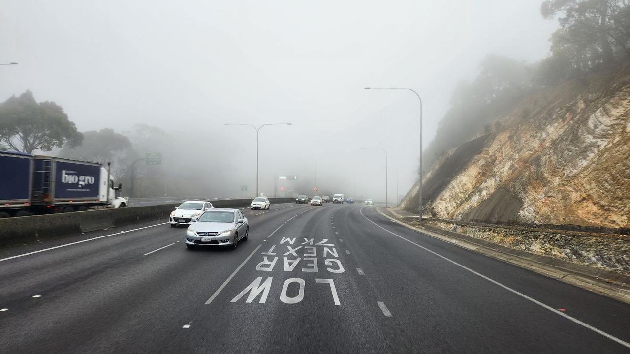 Thick fog on the South Eastern Freeway at Crafers on Tuesday. Picture: Lynton Grace