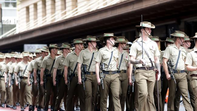 Marching down Adelaide St, during the Anzac Day Parade, Brisbane City. Photo: Steve Pohlner