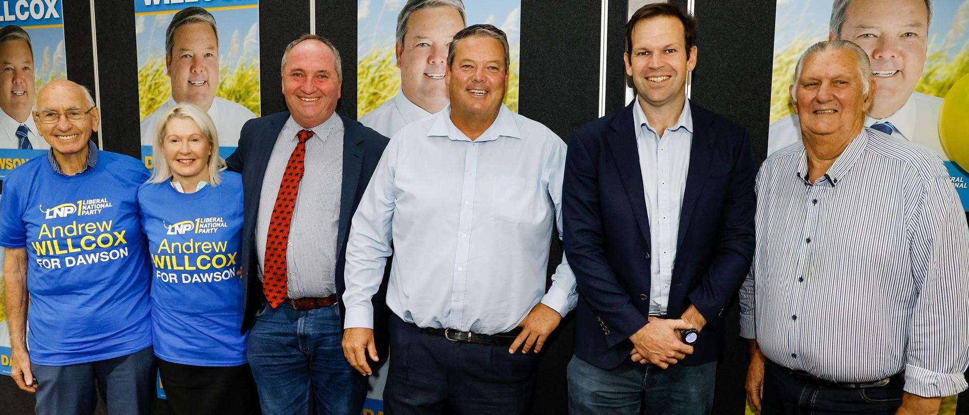 (From left to right) Former Dawson MPs Ray Braithwaite and De-Anne Kelly, Deputy Prime Minister Barnaby Joyce, Dawson Nationals candidate Andrew Willcox, Nationals Senator Matt Canavan and former Mirani MP Ted Malone attend LNP campaign launch at the Ocean International Hotel in Mackay on May 4. Picture: Contributed.