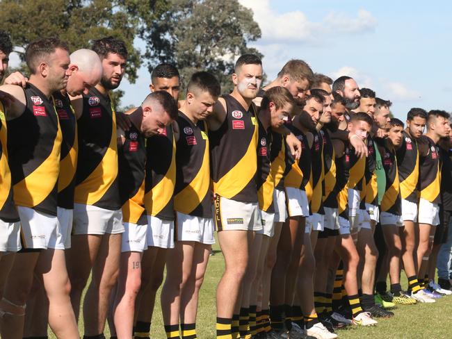 EDFL footy: Airport West v WestmeadowsPlayers and officials line up before the gamein recognition of Anzac Day.Picture: Stuart Milligan