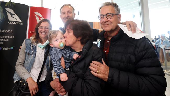 Denise Pride kisses grandson Luca, watched on by her husband Robert, son David, and daughter-in-law Nina. Picture: NCA NewsWire/Kelly Barnes