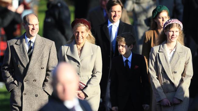 Prince Edward, Earl of Wessex, Sophie, Countess of Wessex, Lady Louise Windsor and James, Viscount Severn attend the Christmas Day Church service in King's Lynn. Picture: Stephen Pond/Getty Images