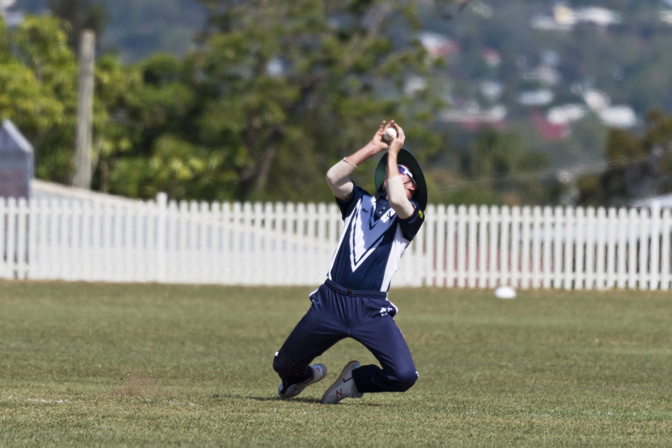 Fraser Ellis of Victoria takes a catch to dismiss Angus Warnock of Queensland in Australian Country Cricket Championships round two at Rockville Oval, Friday, January 3, 2020. Picture: Kevin Farmer