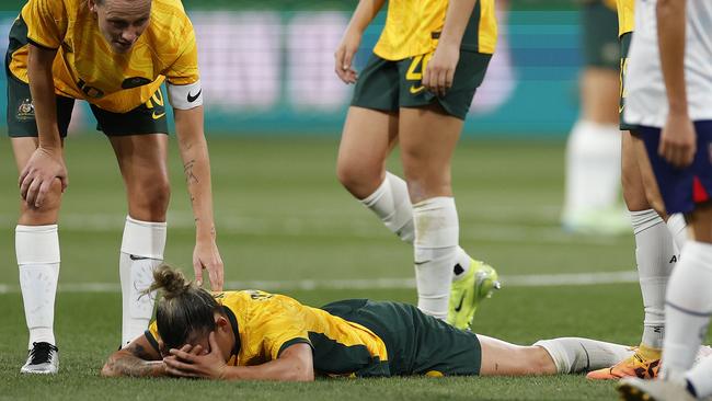 A devastated Chloe Logarzo was subbed out following a head clash with a Taiwanese opponent in the 28th minute. Picture: Daniel Pockett / Getty Images