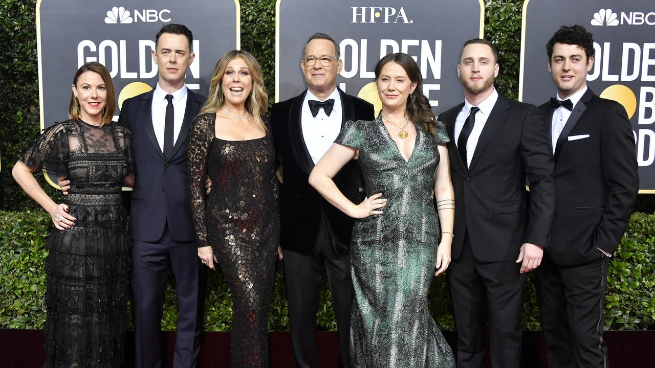 Chet (second from right) with his famous family, including parents Tom Hanks and Rita Wilson at the Golden Globes in 2020. Picture: Frazer Harrison/Getty Images