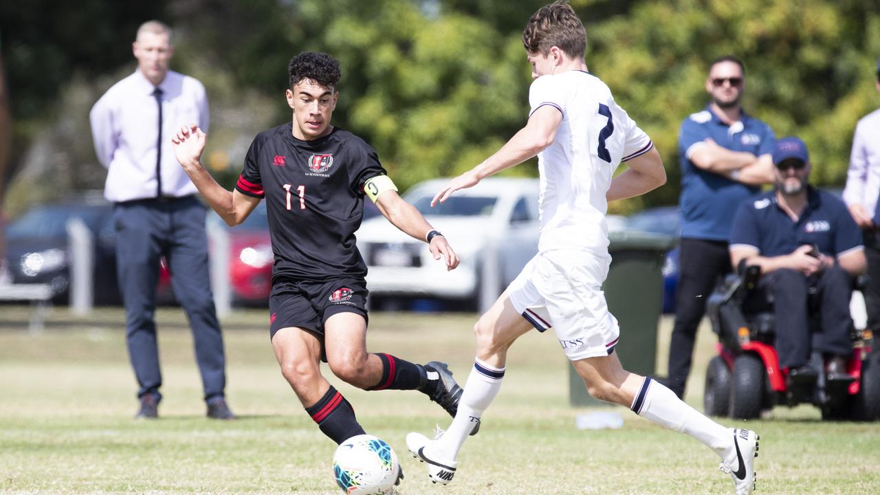 GPS First XI Football. St Joseph's Gregory Terrace vs The Southport School. GT #11 Malakai Love Semira and TSS #2 Charlie Blok. 5 September, 2020. Picture: Renae Droop