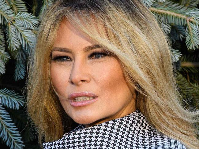 US First Lady Melania Trump receives the White House Christmas Tree at the White House in Washington, DC, on November 23, 2020. (Photo by NICHOLAS KAMM / AFP)